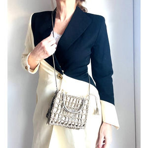 SALVATORE FERRAGAMO ITALY CROCHET LEATHER METAL MINI TOTE-SHOULDER BAG Y2K